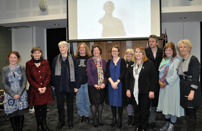 Nillumbik Ekphrasis Poetry Award Ceremony 2015: Melissa Watts (commended), Lyn Chatham (2nd Prize), Sandra Renew (commended), David Kelly (commended), Jo Wilson Ridley (commended), Helen Bradwell (3rd prize), Helen Lucas (judge), Mayor Cr Helen Coleman, Steve Smart (judge), Karen Throssell (judge), Debra Lawrance (special guest reader). Photo via Nillumbik Shire Council.